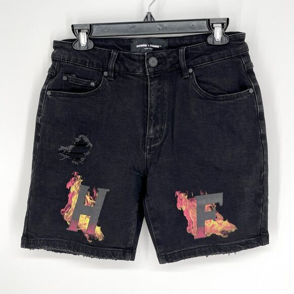 Homme + Femme NEW Distressed Flames Logo Jean Shorts Mens Sz 30 Black Stretch - Picture 1 of 8